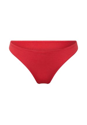 Braga de bikini de algodón rojo con textura suave, que presenta una cintura baja y cobertura mínima. Diseño sin costuras en los bordes.
