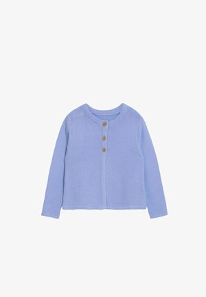 Šviesiai mėlyna kardiganas, pagamintas iš tekstūruoto audinio; turi ilgas rankoves, apvalų kaklą ir penkis medinius mygtukus priekyje.