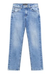 Jeans de denim de color azul claro con dise�ño de pierna recta, estilo de cinco bolsillos y desvanecimiento sutil. Cuenta con cierre de botón metálico y cremallera.