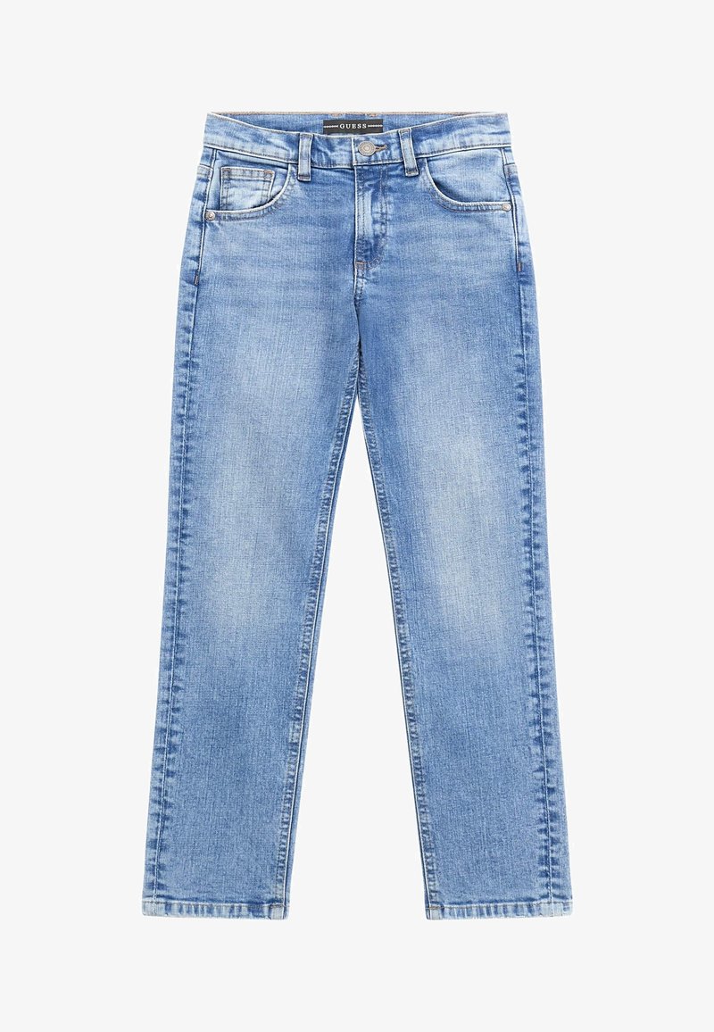 Jeans de denim de color azul claro con diseño de pierna recta, estilo de cinco bolsillos y desvanecimiento sutil. Cuenta con cierre de botón metálico y cremallera.