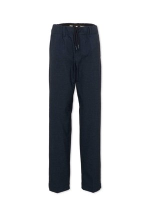 Donker marineblauwe recht gesneden broek met een elastische tailleband en zwarte trekkoorden aan de voorkant.