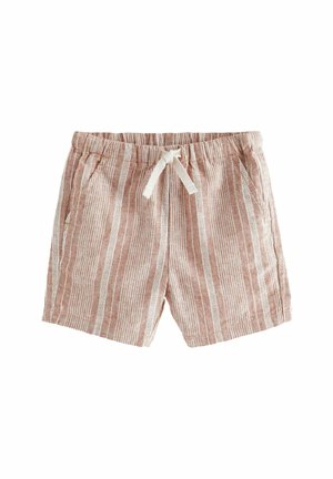 Shorts rayés de couleur brun-rouge avec des rayures verticales blanches. Dotés d'une taille élastique et de poches avant. Texture de tissu léger.