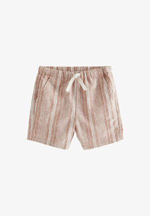 Gestreepte shorts in een roodbruine kleur met witte verticale strepen. Voorzien van een elastische tailleband en zijzakken. Lichtgewicht stofkwaliteit.