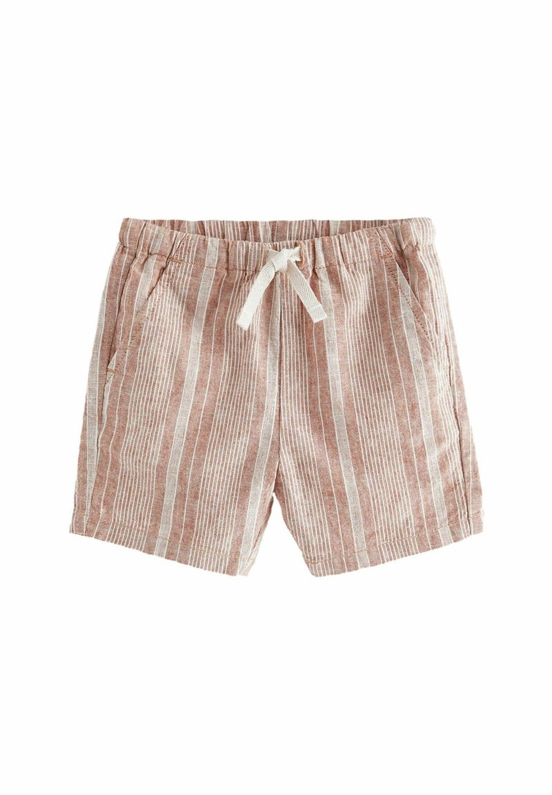 Shorts rayés de couleur brun-rouge avec des rayures verticales blanches. Dotés d'une taille élastique et de poches avant. Texture de tissu léger.