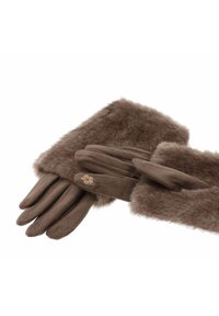 Guantes marrones hechos de tela suave con un puño de piel. Presentan un detalle floral en el dedo índice y una textura lisa en toda la superficie.