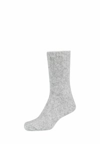 Grau gestreifte Socke mit strukturiertem Finish, mittellang bis zur Wade und einem glatten Bündchen oben. Hergestellt aus einem weichen, dehnbaren Material.