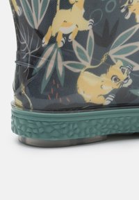 Gros plan sur une botte de pluie verte avec une couche extérieure transparente et des motifs ludiques d'animaux et de feuilles jaunes sur le tissu.