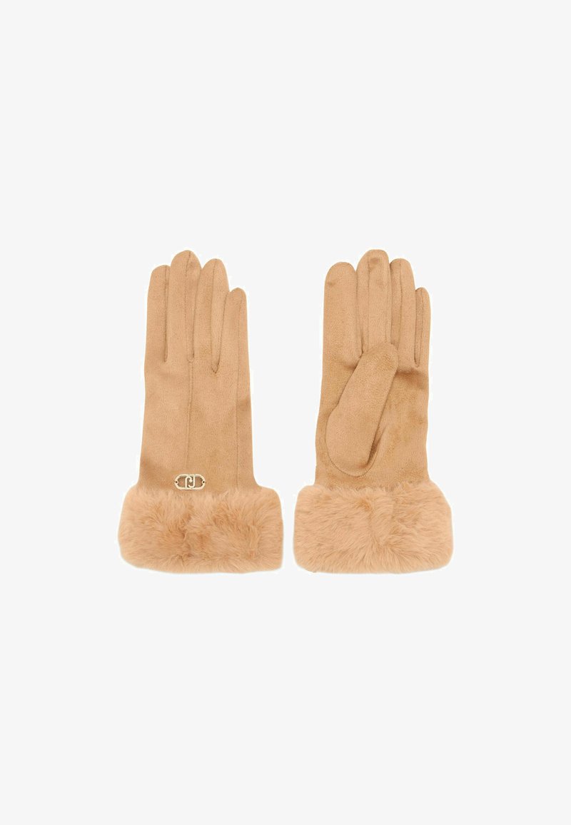 Beige ruskindshandsker med en fluffy faux fur-manchet. Har et metallisk accent i form af et logo på håndleddet.