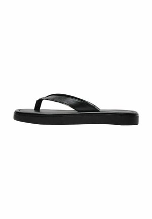 Black flip-flop with a slick, smooth design, featuring a thin strap and a flat sole. Made from rubber-like material, minimal texture.