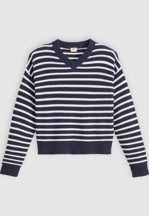 Pull en tricot bleu marine et rayé blanc avec un col en V, des manches longues et un ourlet court. Texture côtelée aux poignets et à l'ourlet.
