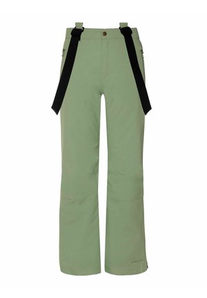 Hellgrüne Schneehose mit verstellbaren schwarzen Trägern, Reißverschlusstaschen und geradem Bein Design. Hergestellt aus einem strapazierfähigen, wetterbeständigen Material.