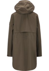 Langer olivgrüner Regenmantel mit Kapuze, langen Ärmeln, Rückenschlitz und geradem Saum, von hinten vor weißem Hintergrund gezeigt.