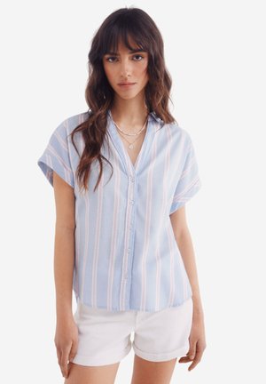 Light blue striped button-up shirt with short sleeves. Features white and pink vertical stripes, a v-neckline, and a relaxed fit.