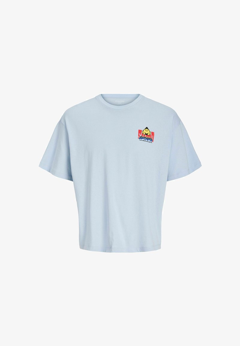 Maglietta oversize in cotone azzurro chiaro con scollo rotondo e grafica colorata del logo sul lato sinistro del petto. Maniche corte.