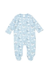 Body baby a maniche lunghe blu chiaro con piedini, decorato con nuvole bianche e coniglietti e uccelli cartoni animati che volano, chiusura anteriore a bottoni a pressione.