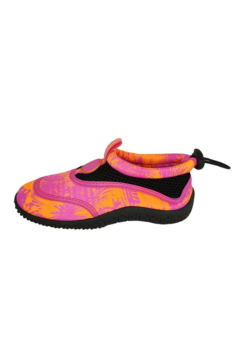 Bunt gefärbter Wasserschuh mit einem pinken und orangefarbenen tropischen Muster, schwarzen Mesh-Seiten, einem sicheren Riemen und einer strukturierten Gummisohle.