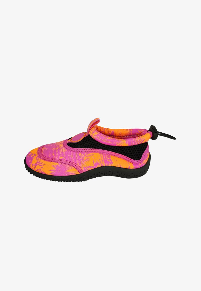 Bunt gefärbter Wasserschuh mit einem pinken und orangefarbenen tropischen Muster, schwarzen Mesh-Seiten, einem sicheren Riemen und einer strukturierten Gummisohle.