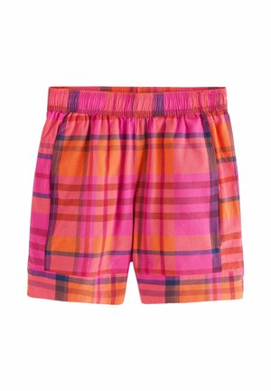 Shorts à carreaux rose et orange avec taille élastique et poches latérales, présentés sur un fond blanc.