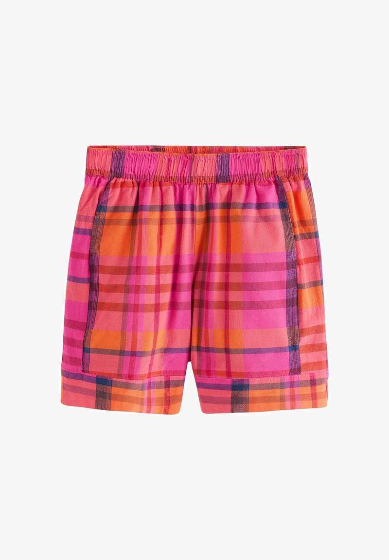 Shorts à carreaux rose et orange avec taille élastique et poches latérales, présentés sur un fond blanc.