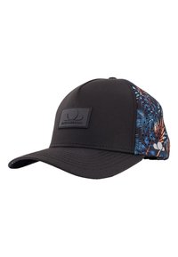 Black cap with a solid front, featuring a textured black patch. The sides showcase a colorful, floral pattern with blue and orange accents.