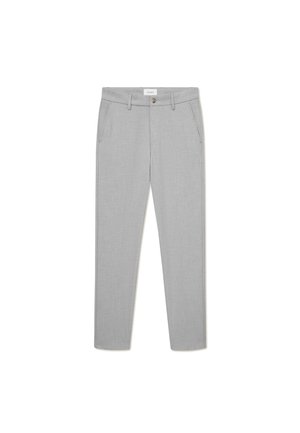 Gray tailored trousers with a subtle pattern, featuring side pockets, a front button closure, and a slim fit design.