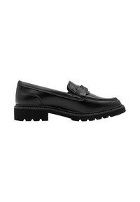 Mocassin en cuir noir avec semelle crantée épaisse et un détail de bride pliée sur le dessus du pied, présenté de côté sur fond blanc.