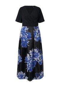 Maxikleid mit einem taillierten schwarzen Oberteil und kurzen Ärmeln, das ein blumiges Muster in Blau und Hellblau auf schwarzem Hintergrund zeigt.