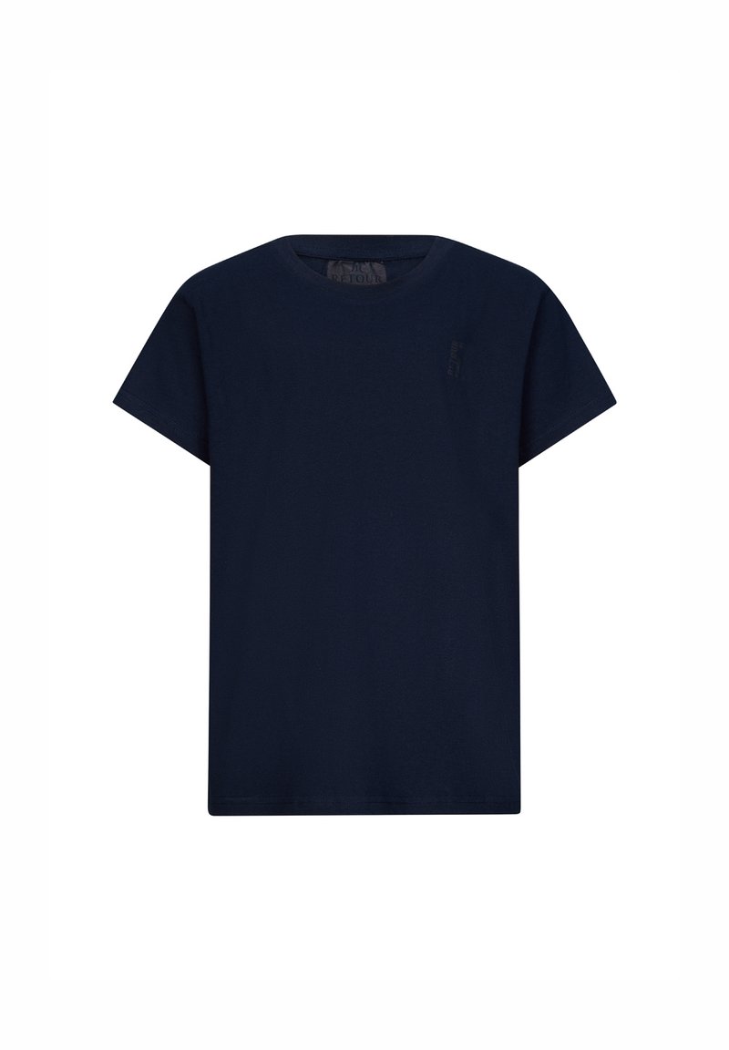 T-shirt in cotone blu navy con maniche corte, scollo rotondo e un discreto logo sul petto. Tessuto liscio, vestibilità standard.