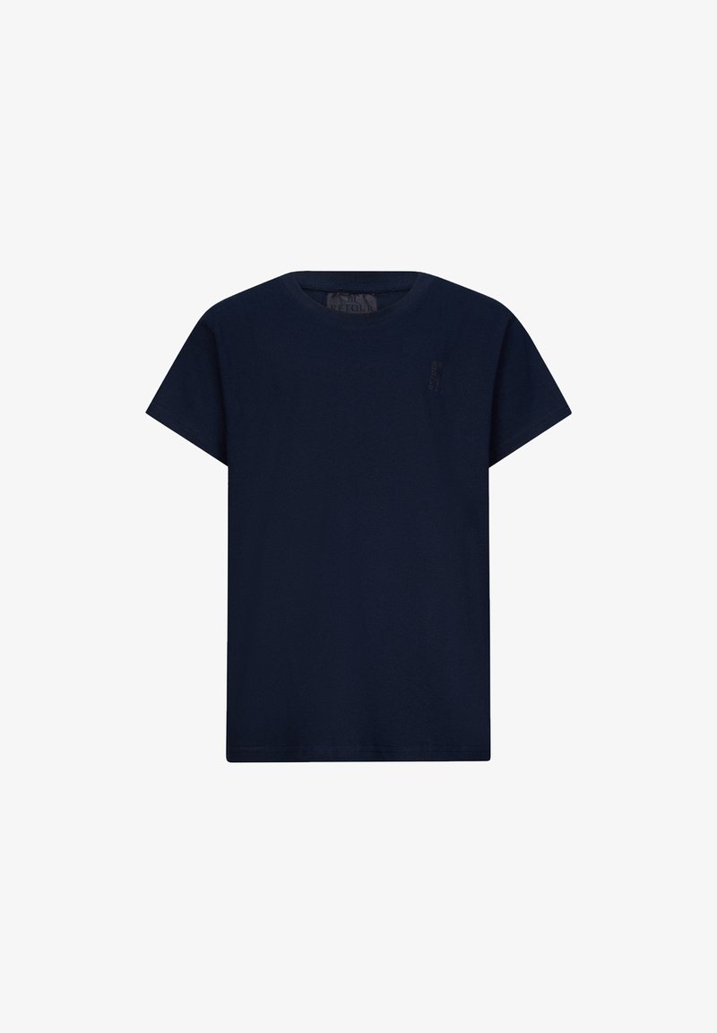 T-shirt in cotone blu navy con maniche corte, scollo rotondo e un discreto logo sul petto. Tessuto liscio, vestibilità standard.