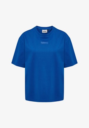Blauwe katoen T-shirt met een ronde hals, korte mouwen en een subtiele reliëflogo op de voorkant. Rechte snit.