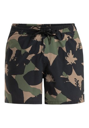 Heren zwembroek in een camouflagepatroon met donkergroene, beige en zwarte kleuren. Gemaakt van lichtgewicht stof met een elastische tailleband.