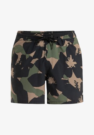 Heren zwembroek in een camouflagepatroon met donkergroene, beige en zwarte kleuren. Gemaakt van lichtgewicht stof met een elastische tailleband.