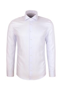 Jasnoniebieska i biała, w paski, koszula z długim rękawem z klasycznym kołnierzykiem i pięcioma guzikami; gładki materiał z delikatną teksturą.