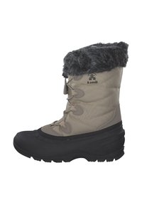 Isolierte wasserdichte Schneestiefel mit einem grauen Stoff-Obermaterial, Kunstfellbund, schwarzer Gummisohle und Schnürung für einen sicheren Sitz.