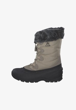 Geïsoleerde waterdichte sneeuwlaarzen met een grijze stoffen bovenkant, faux bont kraag, zwarte rubberen zool en vetersluiting voor een veilige pasvorm.