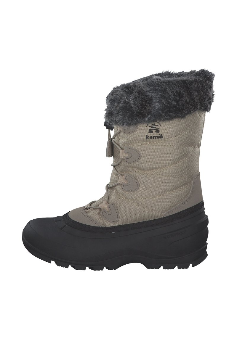 Isolierte wasserdichte Schneestiefel mit einem grauen Stoff-Obermaterial, Kunstfellbund, schwarzer Gummisohle und Schnürung für einen sicheren Sitz.