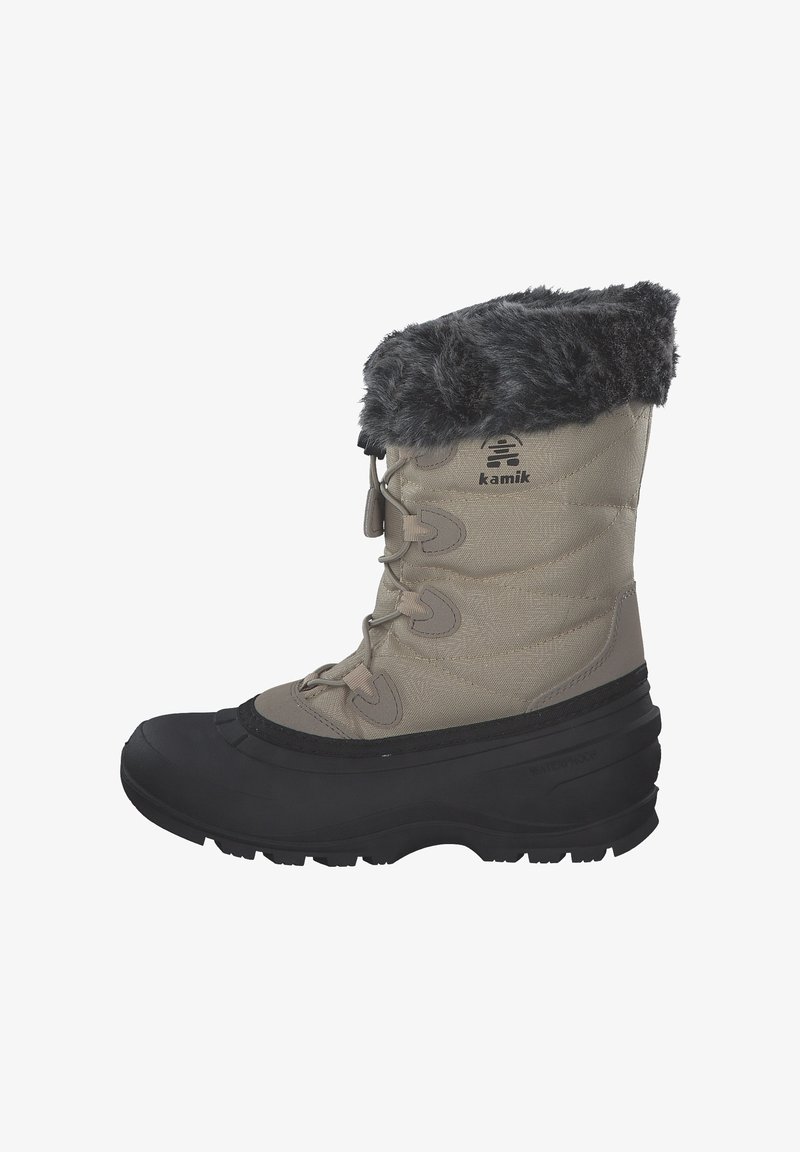 Isolierte wasserdichte Schneestiefel mit einem grauen Stoff-Obermaterial, Kunstfellbund, schwarzer Gummisohle und Schnürung für einen sicheren Sitz.