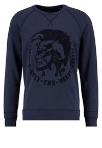 Felpa blu navy con scollatura a girocollo e maniche raglan. Presenta un grande grafico nero di un profilo con capelli stilizzati. Polsini a costine.