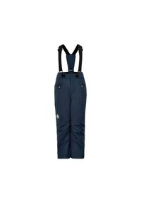 Pantaloni da neve isolati di colore navy con bretelle nere regolabili, due tasche anteriori con zip e una notevole toppa grigia su una gamba.