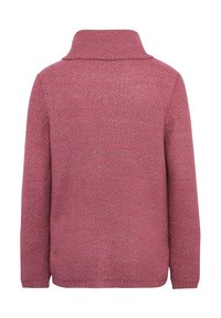 Strickpullover in Pink mit einem entspannten Kragen und strukturiertem Stoff. Das Design umfasst lange Ärmel und einen geraden Schnitt am Saum.