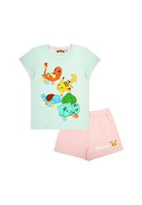 Mint green cotton t-shirt with character print, paired with soft pink shorts featuring a Pokémon logo and character accent.