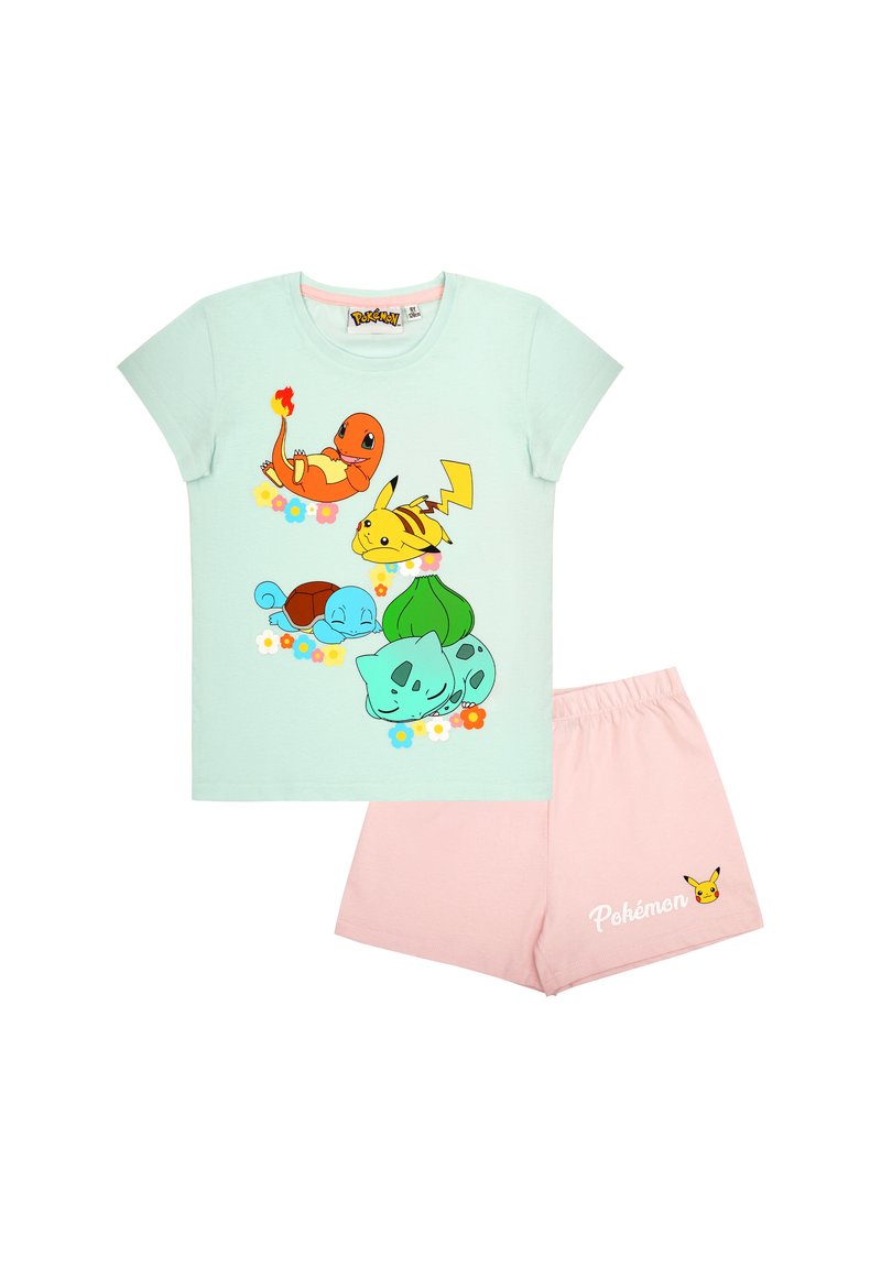 Mint green cotton t-shirt with character print, paired with soft pink shorts featuring a Pokémon logo and character accent.
