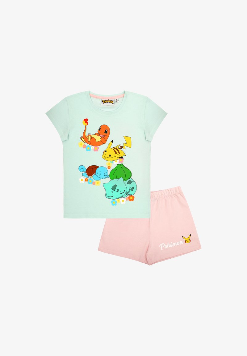 Mint green cotton t-shirt with character print, paired with soft pink shorts featuring a Pokémon logo and character accent.