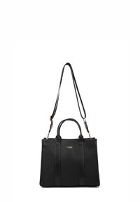 Borsa nera in pelle con una forma strutturata. Presenta doppi manici e una tracolla rimovibile. Design minimalista con dettagli in metallo.