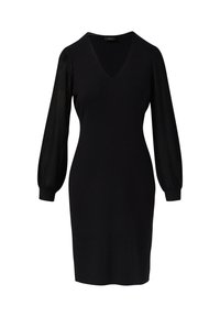 Robe noire à mi-mollet avec décolleté en V et manches longues transparentes à volants, présentant des rayures verticales et des poignets à revers.