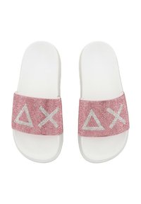 Infradito rosa con una fascia testurizzata che presenta forme geometriche bianche, montate su una suola bianca liscia per il massimo comfort.