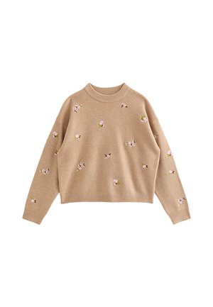 Beige gebreide trui met lange mouwen, voorzien van kleine roze en groene bloemborduursels verspreid over de voorkant en mouwen.