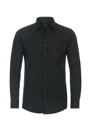 Schwarz langärmliges Hemd aus glattem Stoff, mit klassischem Kragen, durchgehender Knopfleiste, einer Brusttasche und geknöpften Manschetten.