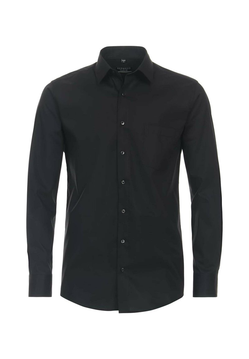 Schwarz langärmliges Hemd aus glattem Stoff, mit klassischem Kragen, durchgehender Knopfleiste, einer Brusttasche und geknöpften Manschetten.