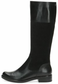 Black knee-high boot featuring a smooth leather toe and block heel, with a soft suede upper and a wrapped cuff detail.